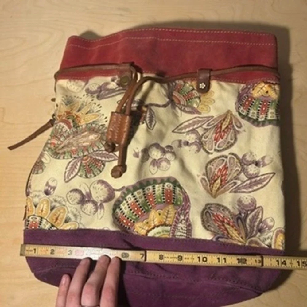 Lucky Brand Backpack Multicolor Floral Suede Canvas Drawstring Boho Skool Laptop